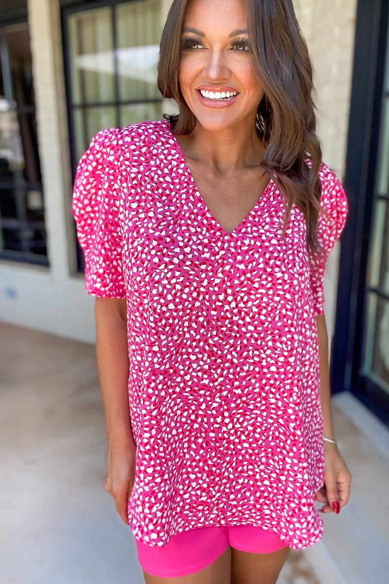 Take The High Road Pink Print V-Neck Puff Sleeve Top