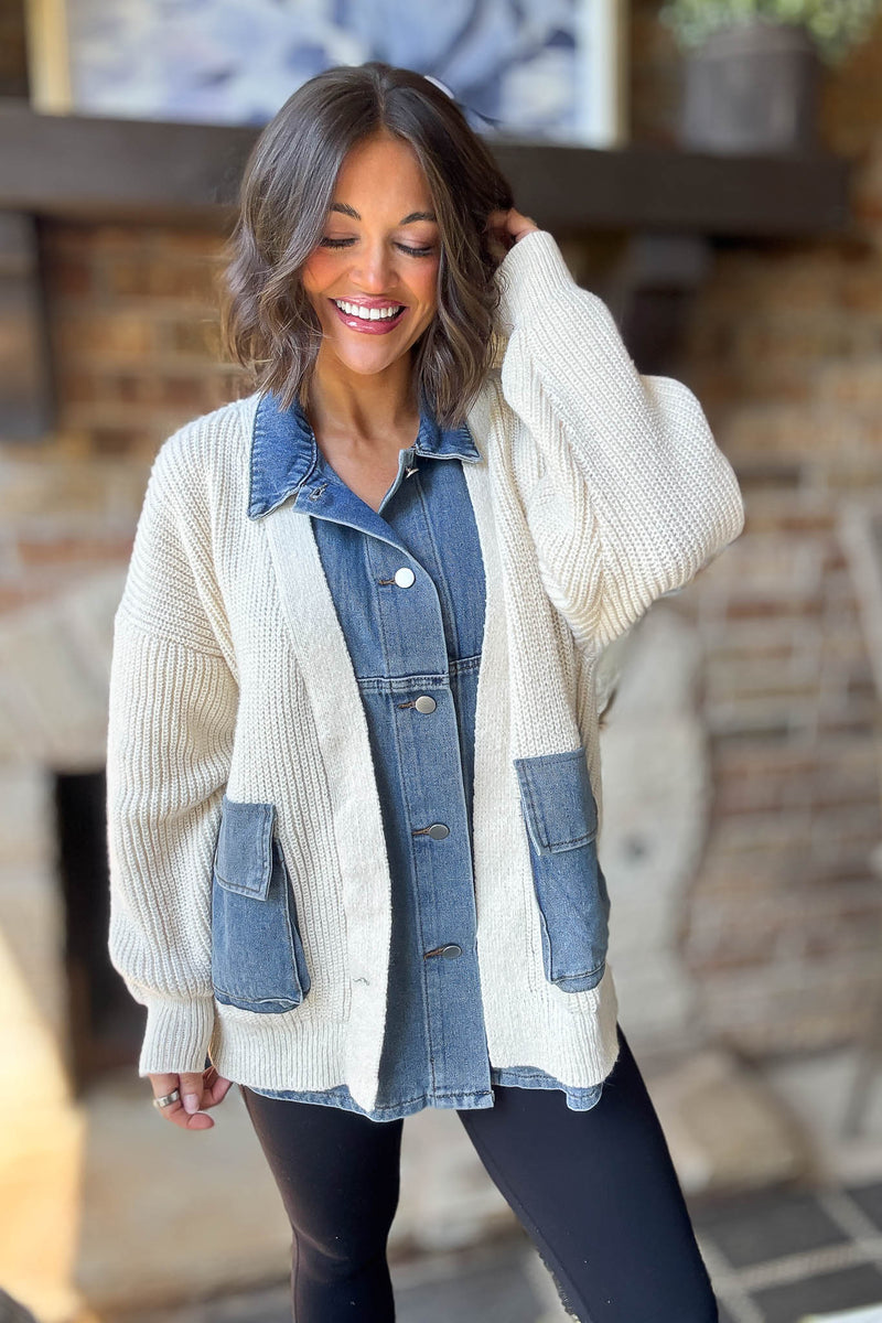 Mable Ribbed Knit Sweater With Denim Shirt Detail