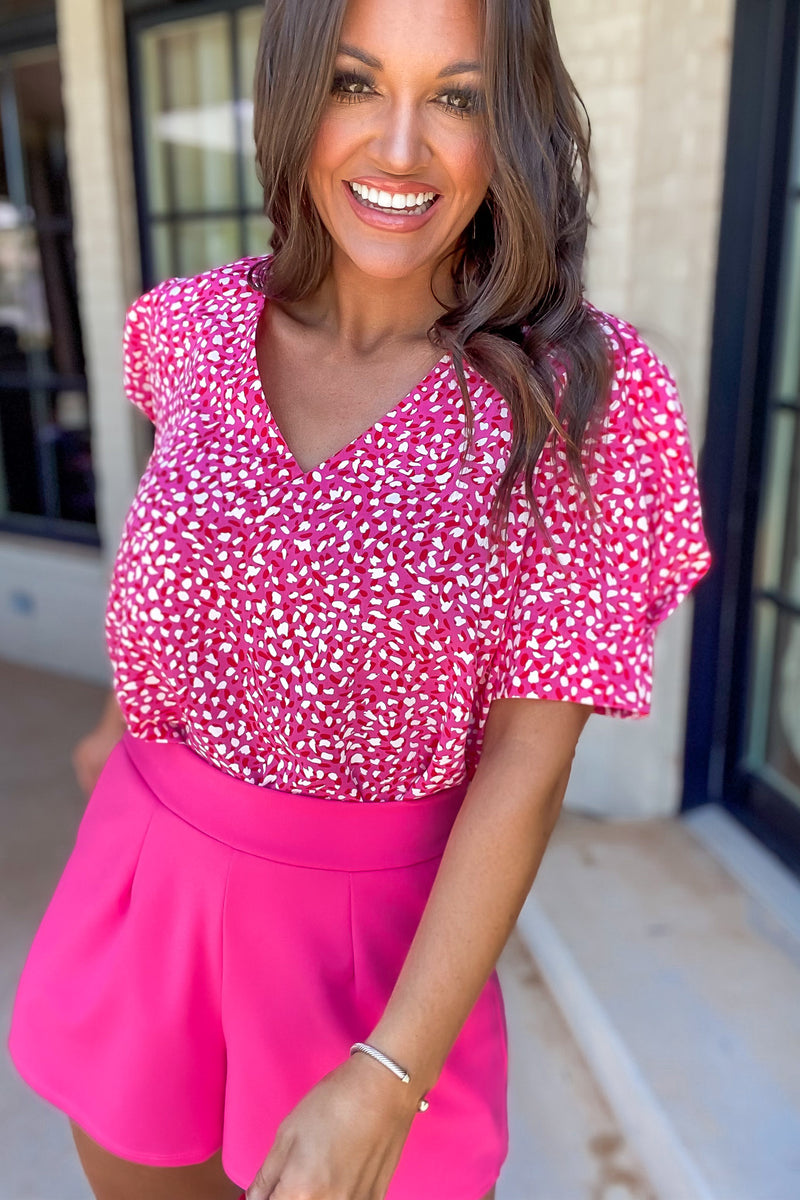 Take The High Road Pink Print V-Neck Puff Sleeve Top