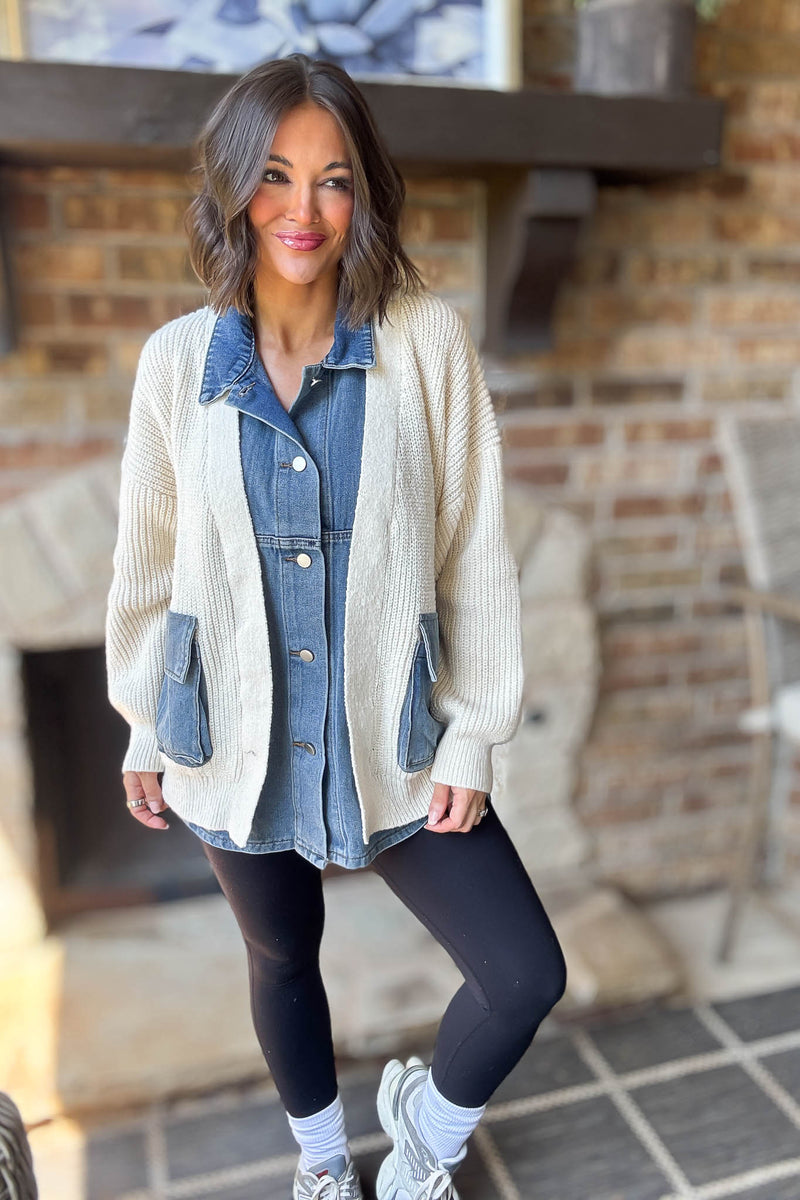 Mable Ribbed Knit Sweater With Denim Shirt Detail