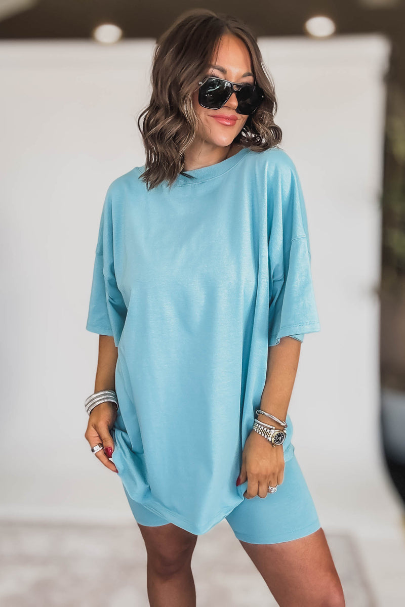 HOT SHOT COTTON DUSTY TEAL V-NECK REVERSIBLE TOP & BIKER SHORTS SET