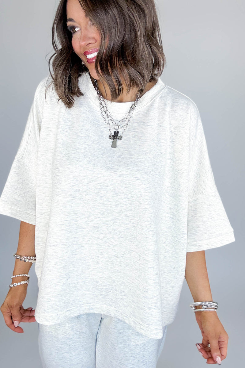 Scuba Heather Vanilla Round Neck Top With Side Slits