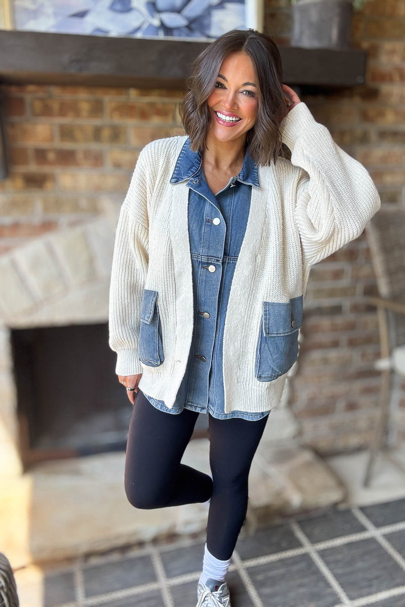 Mable Ribbed Knit Sweater With Denim Shirt Detail
