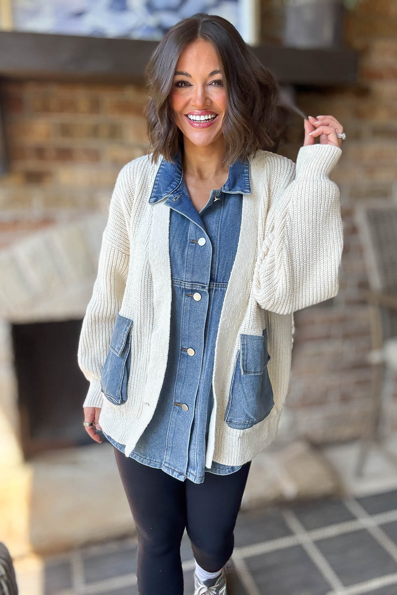 Mable Ribbed Knit Sweater With Denim Shirt Detail