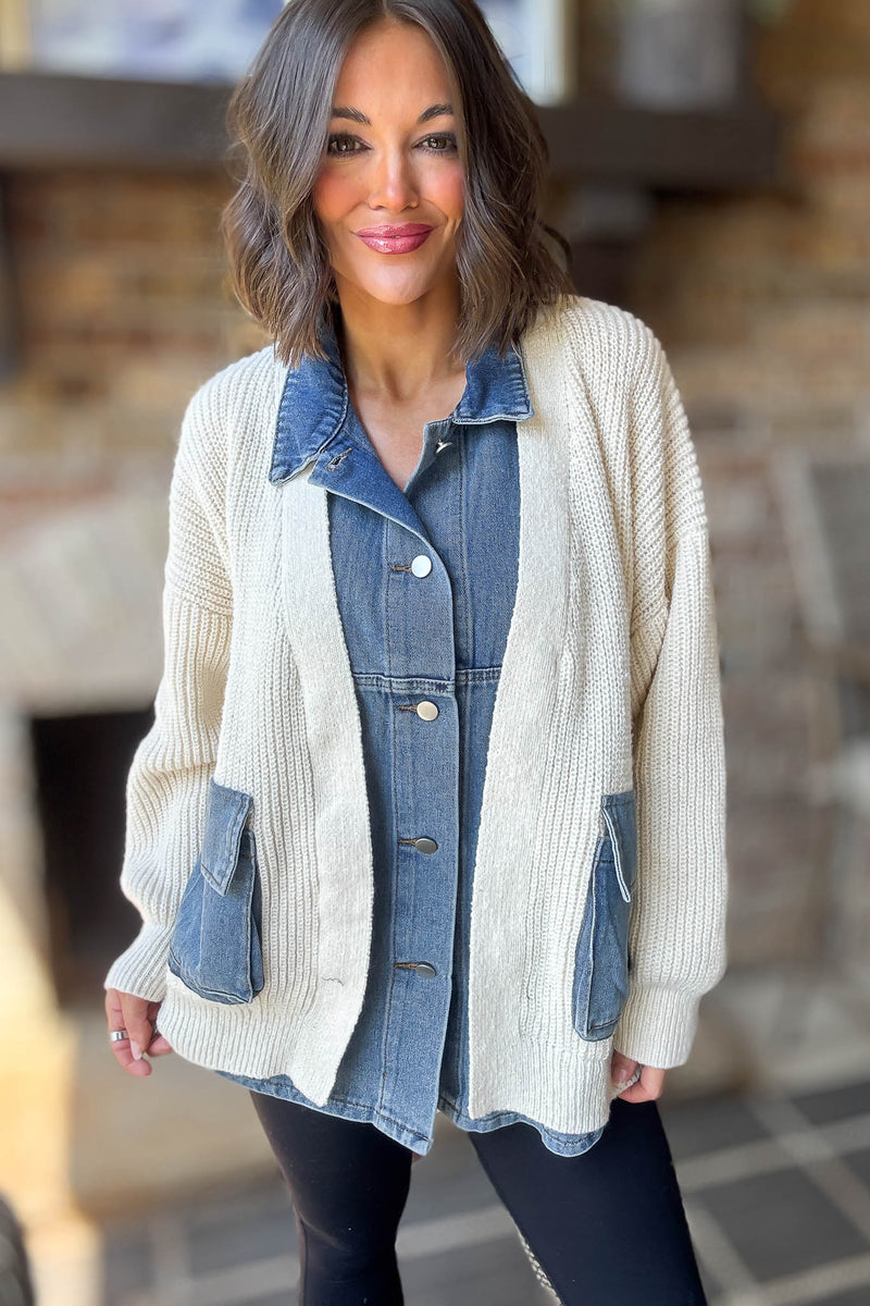 Mable Ribbed Knit Sweater With Denim Shirt Detail