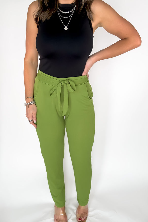 SR Basic Vintage Green Knit Crepe High Waist Self Tie Straight Pants