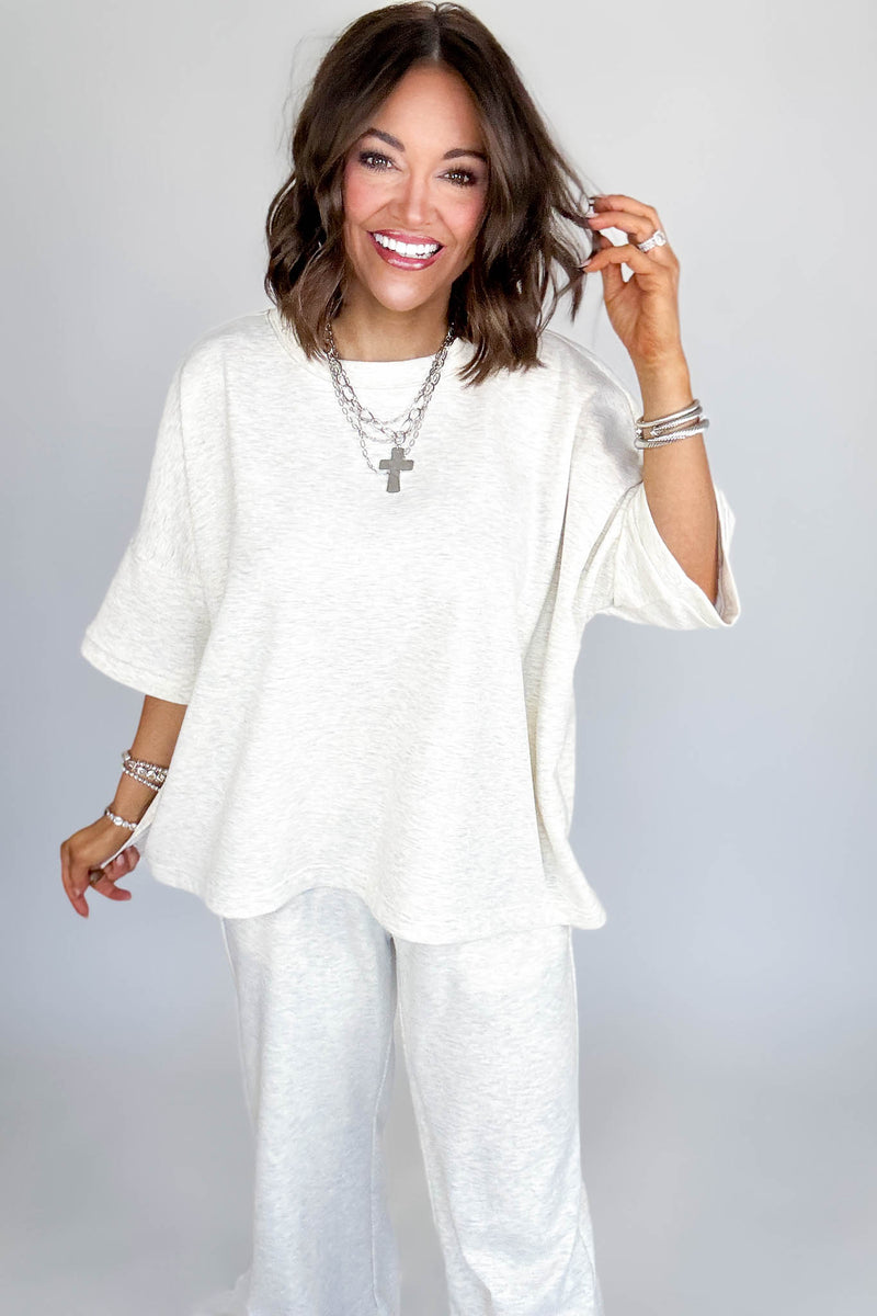 Scuba Heather Vanilla Round Neck Top With Side Slits