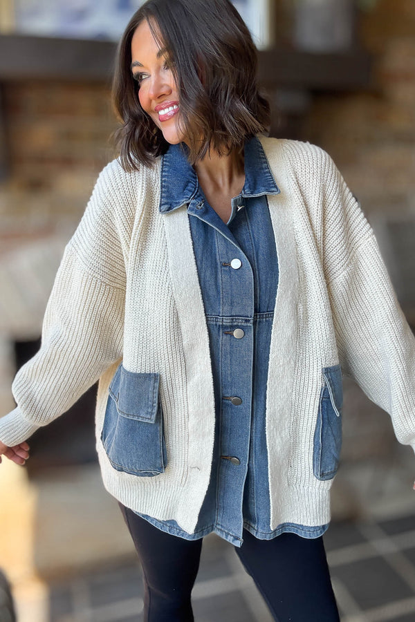 Mable Ribbed Knit Sweater With Denim Shirt Detail