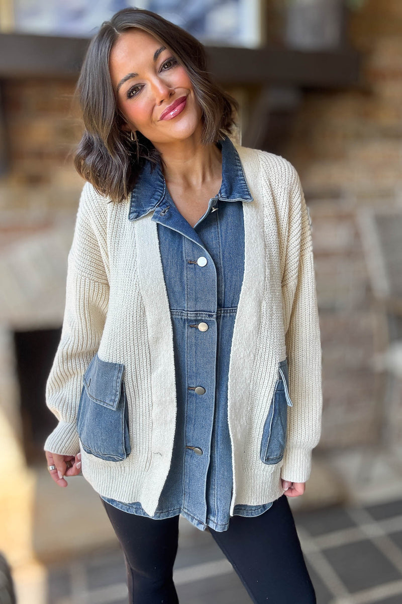 Mable Ribbed Knit Sweater With Denim Shirt Detail
