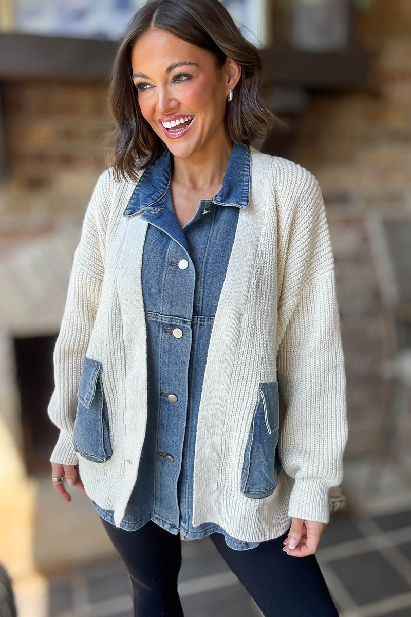 Mable Ribbed Knit Sweater With Denim Shirt Detail