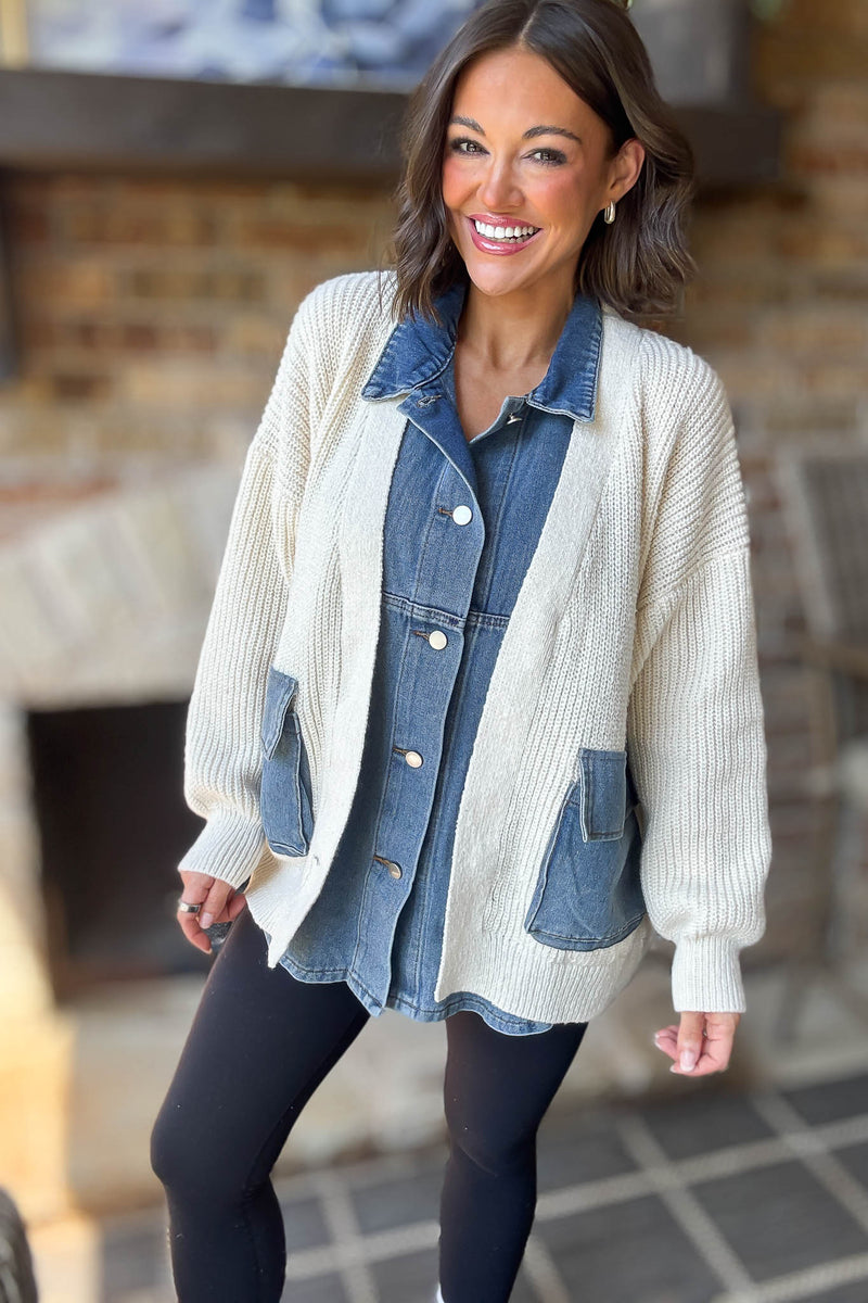 Mable Ribbed Knit Sweater With Denim Shirt Detail