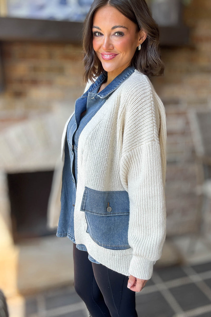 Mable Ribbed Knit Sweater With Denim Shirt Detail