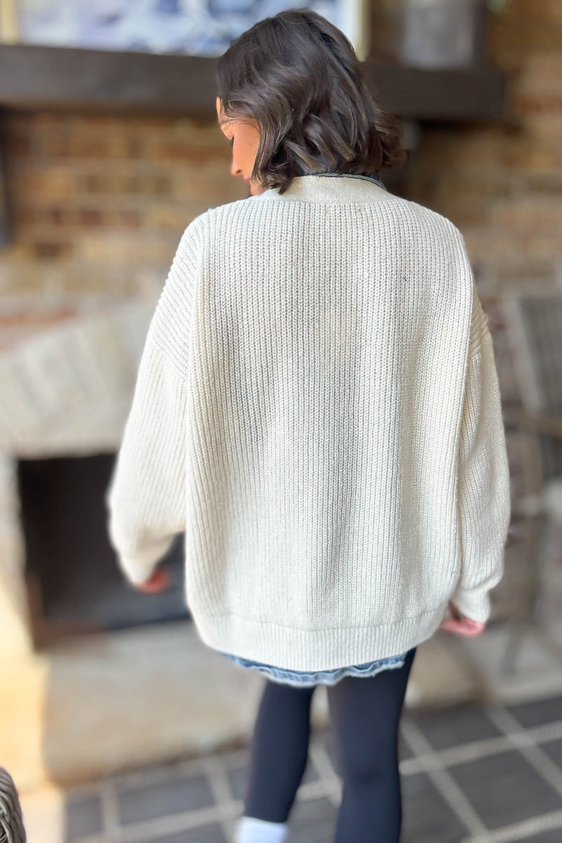 Mable Ribbed Knit Sweater With Denim Shirt Detail