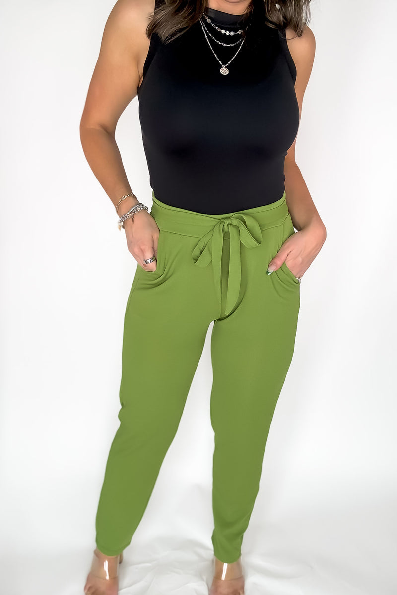 SR Basic Vintage Green Knit Crepe High Waist Self Tie Straight Pants