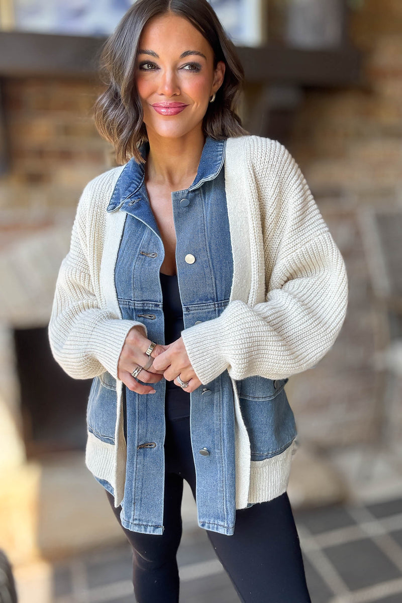 Mable Ribbed Knit Sweater With Denim Shirt Detail