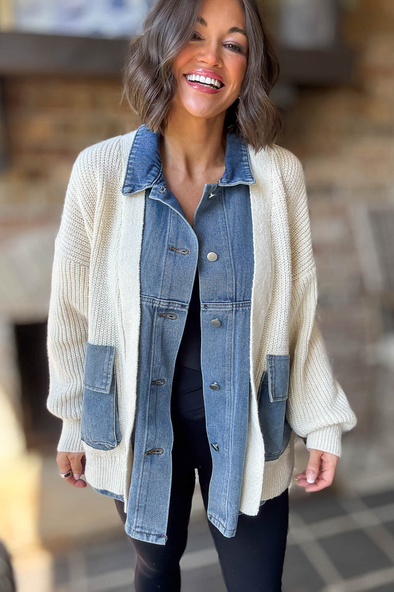 Mable Ribbed Knit Sweater With Denim Shirt Detail