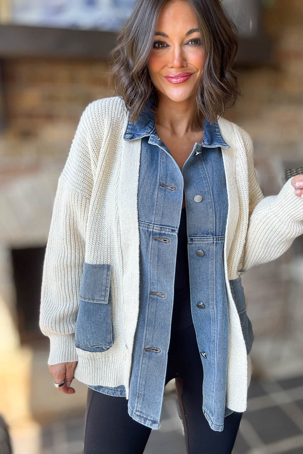 Mable Ribbed Knit Sweater With Denim Shirt Detail