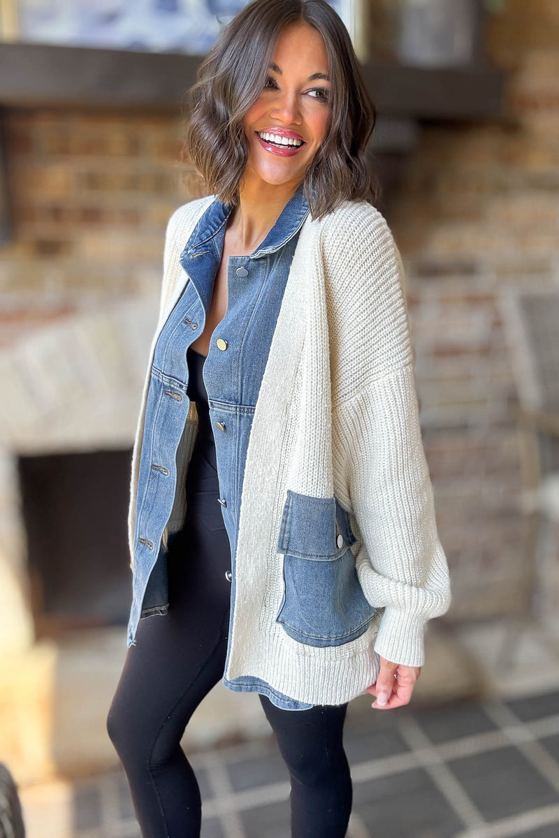 Mable Ribbed Knit Sweater With Denim Shirt Detail