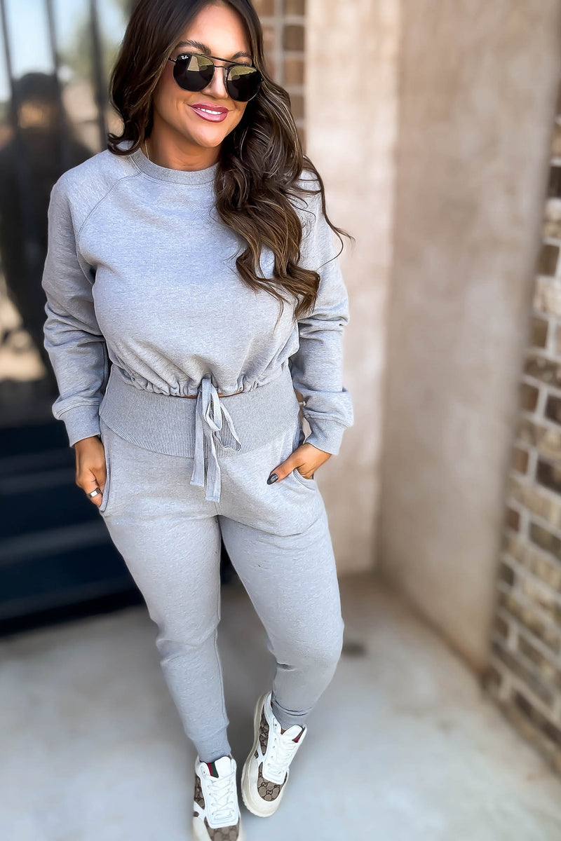 Heather Grey Brushed Waist Tie Crewneck
