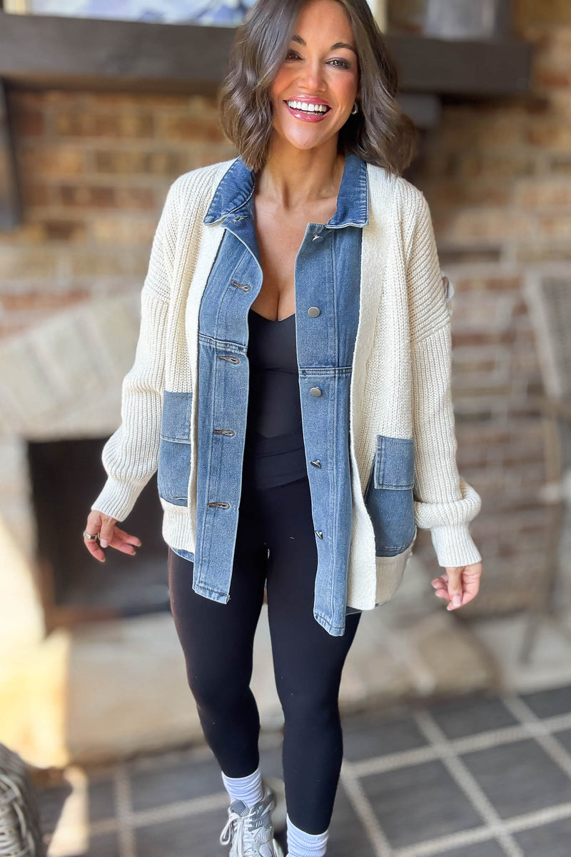 Mable Ribbed Knit Sweater With Denim Shirt Detail