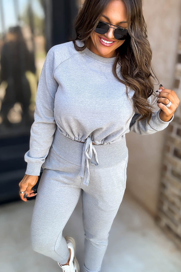 Heather Grey Brushed Waist Tie Crewneck