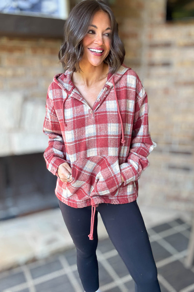 Flannel Red Plaid Pullover Hoodie W/ Kangaroo Pocket