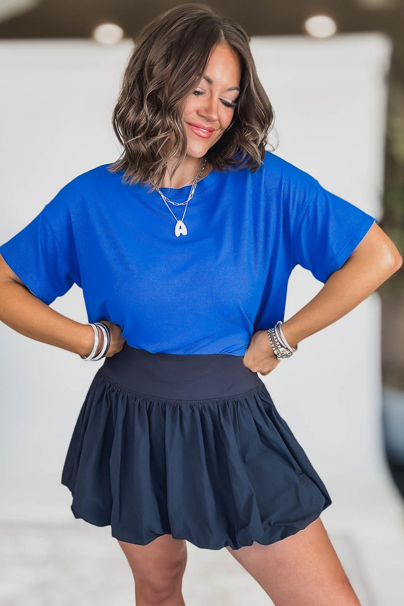 RIBBED CLASSIC BLUE ROUND-NECK CROP BOX TEE