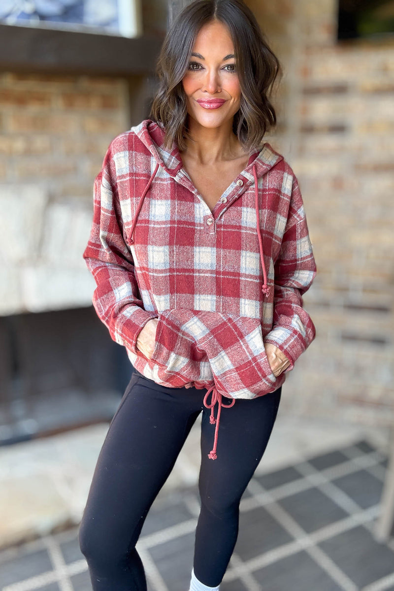Flannel Red Plaid Pullover Hoodie W/ Kangaroo Pocket