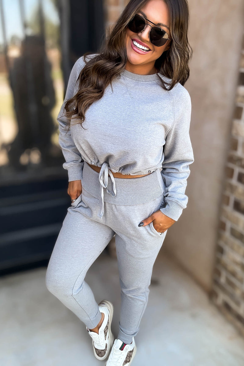Heather Grey Brushed Waist Tie Crewneck