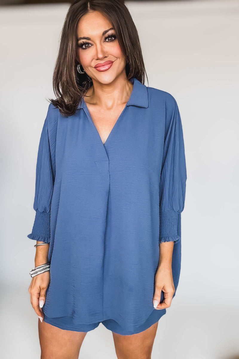 Angie Dusty Blue Airflow Collar Top
