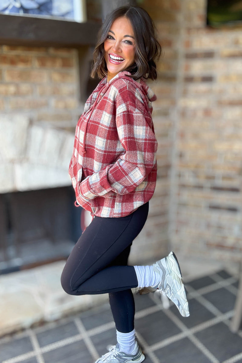 Flannel Red Plaid Pullover Hoodie W/ Kangaroo Pocket