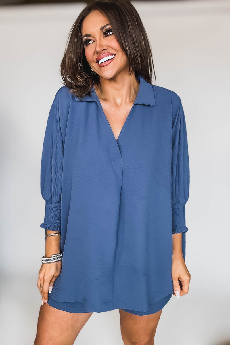 Angie Dusty Blue Airflow Collar Top