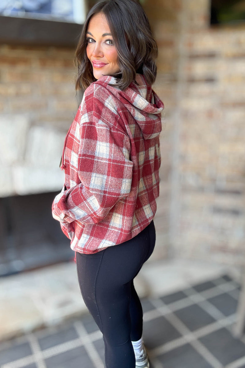 Flannel Red Plaid Pullover Hoodie W/ Kangaroo Pocket