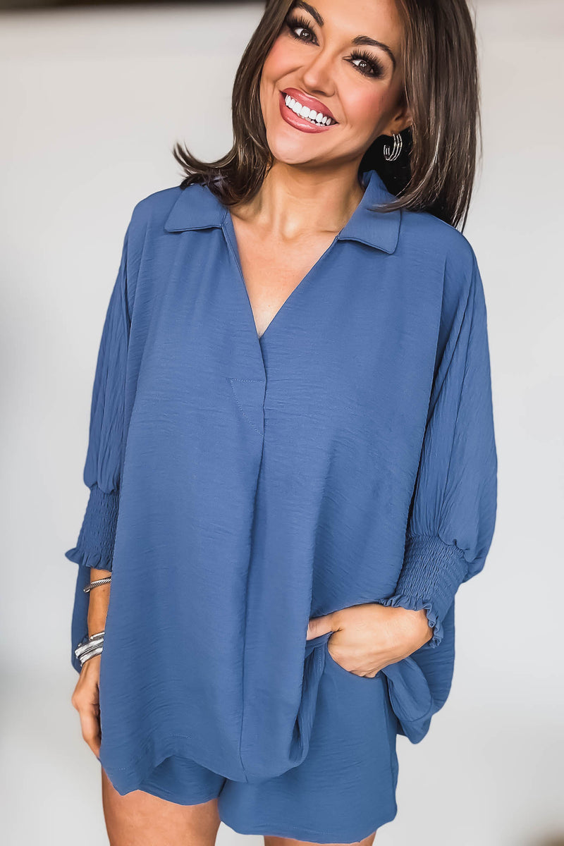 Angie Dusty Blue Airflow Collar Top