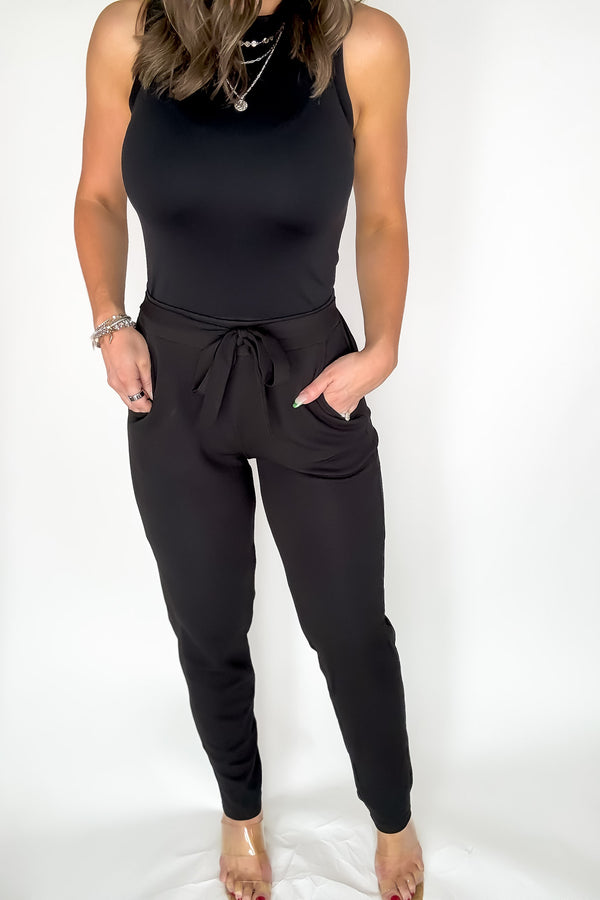 SR Basic Black Knit Crepe High Waist Self Tie Straight Pants