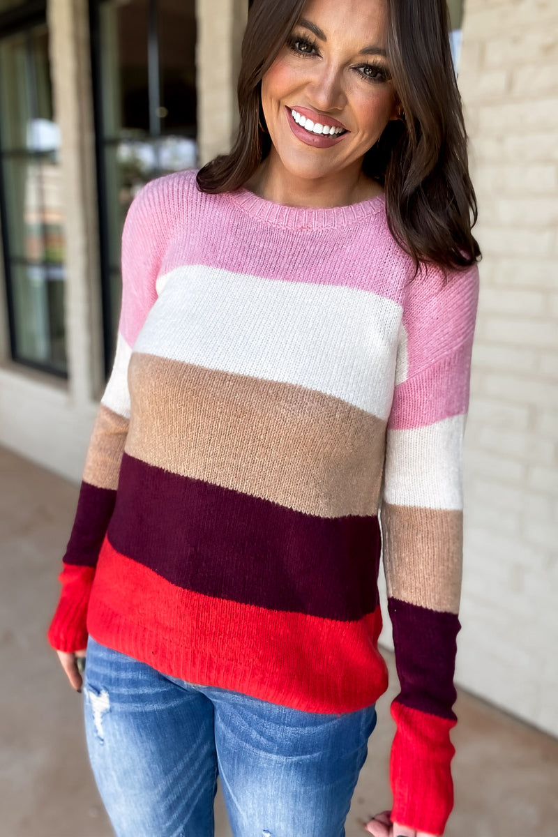 For A While Pink/Off White Stripe Sweater