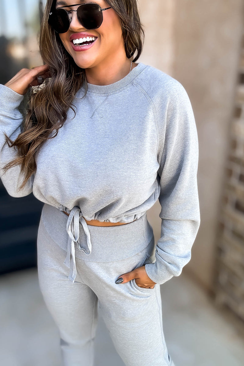 Heather Grey Brushed Waist Tie Crewneck