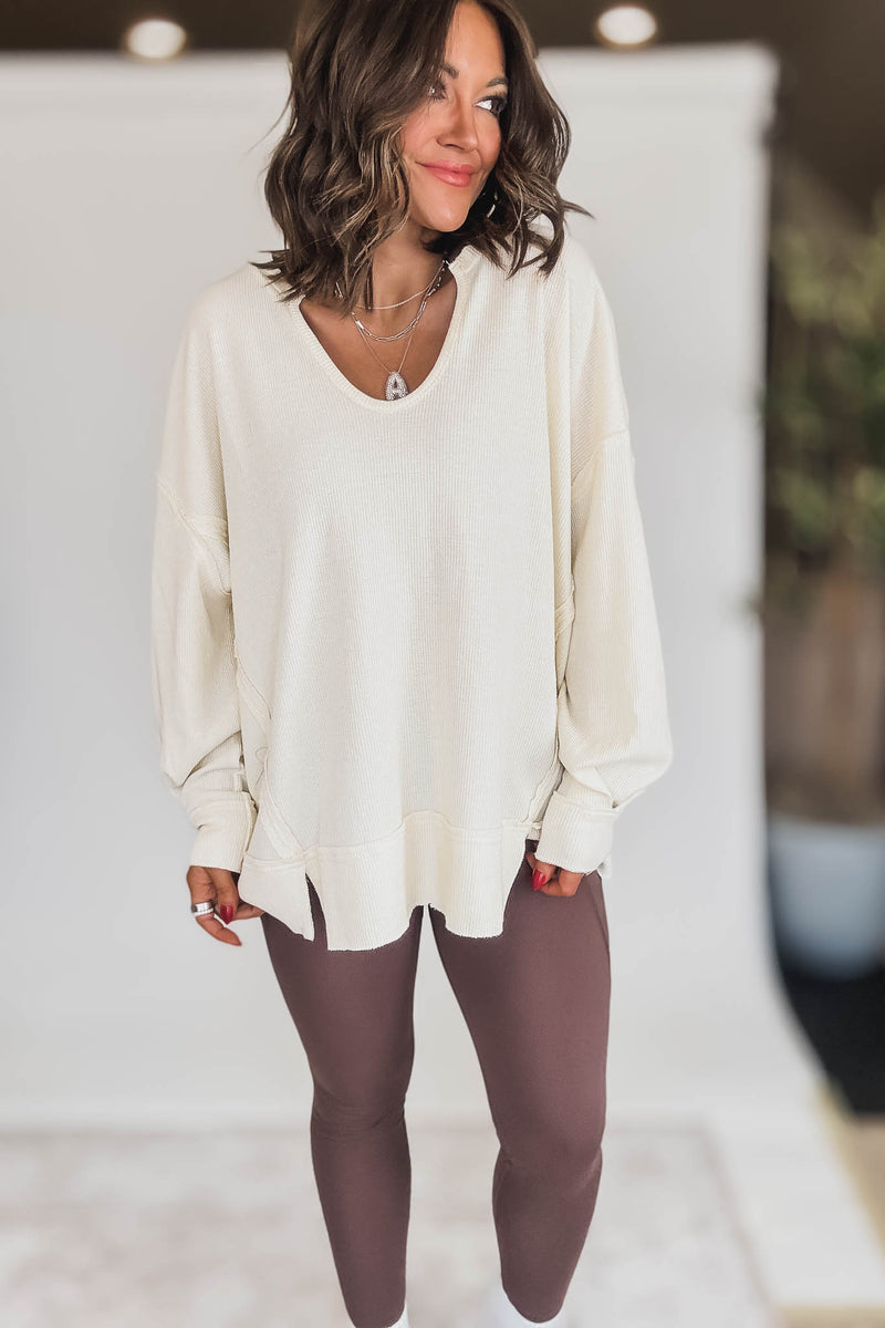 Cotton Blend White Sand Waffle Knit Oversized Long Sleeve