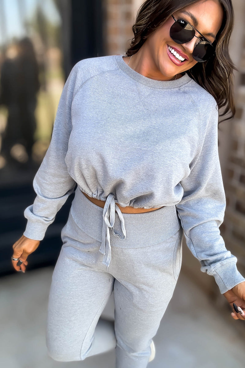 Heather Grey Brushed Waist Tie Crewneck
