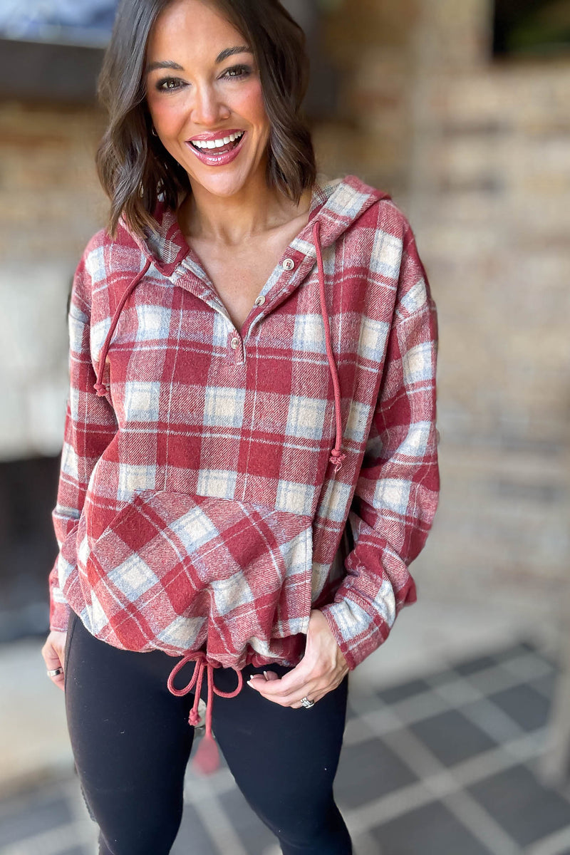 Flannel Red Plaid Pullover Hoodie W/ Kangaroo Pocket