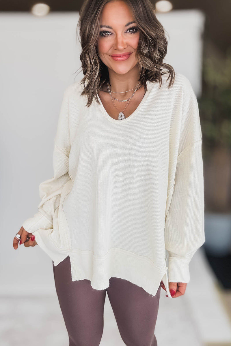 Cotton Blend White Sand Waffle Knit Oversized Long Sleeve