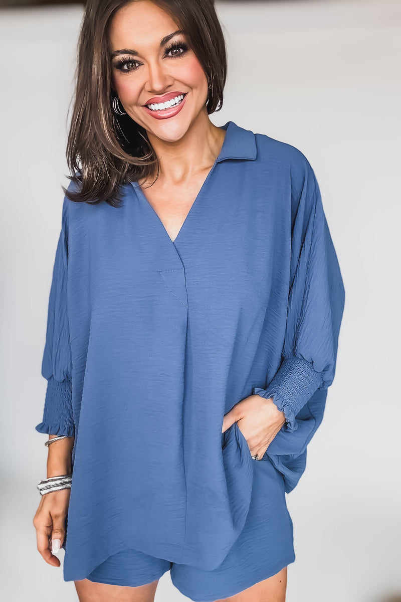 Angie Dusty Blue Airflow Collar Top