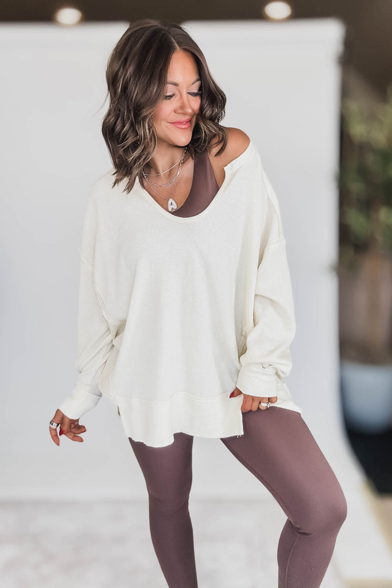 Cotton Blend White Sand Waffle Knit Oversized Long Sleeve