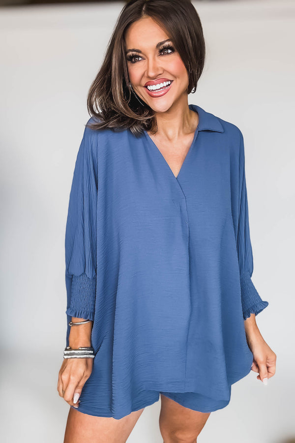 Angie Dusty Blue Airflow Collar Top