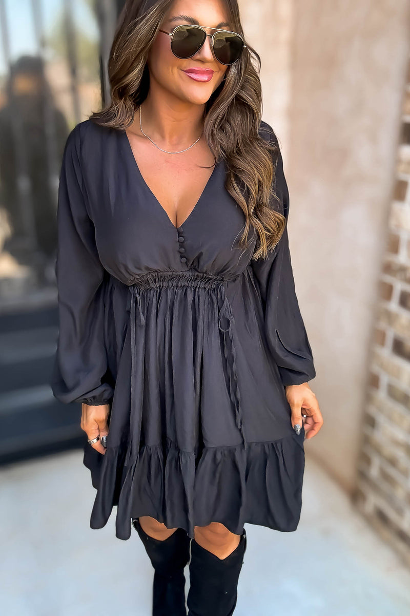 Black Elastic Waistband Tie Dress