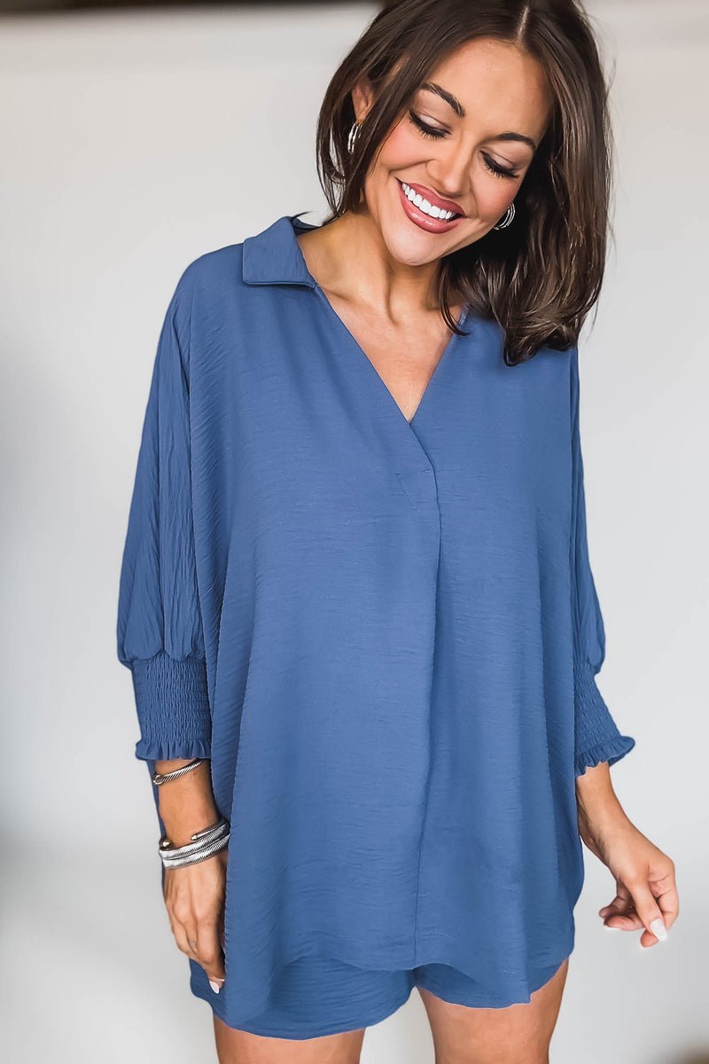 Angie Dusty Blue Airflow Collar Top