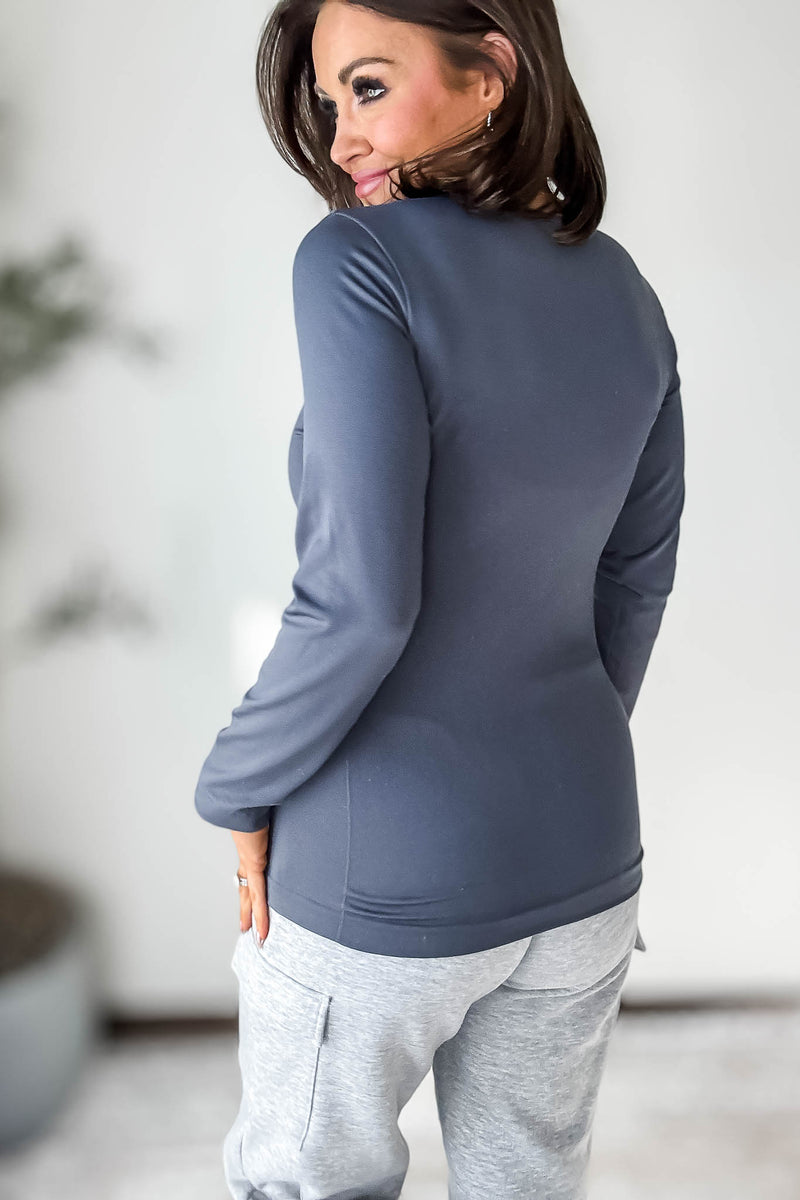 Fleece Lined Gray Seamless Round Neck Long Sleeve Top