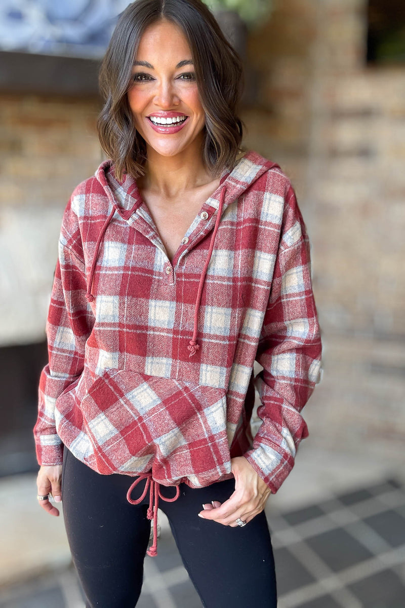 Flannel Red Plaid Pullover Hoodie W/ Kangaroo Pocket