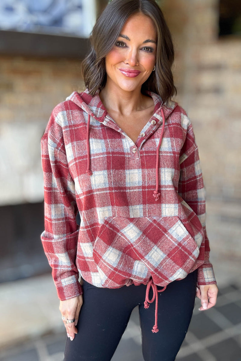 Flannel Red Plaid Pullover Hoodie W/ Kangaroo Pocket