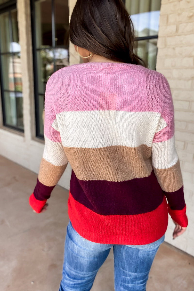 For A While Pink/Off White Stripe Sweater